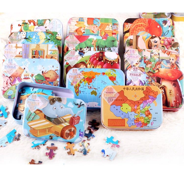 Wooden Puzzle Small Cans Gift Box Children'S Puzzle Puzzle 60 Pieces Iron Boxed Kindergarten Early Education Wooden Toys For Hair - Image 2